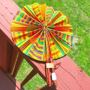 AFRICAN FABRIC HAND FOLDING FAN  WITH LEATHER HAND